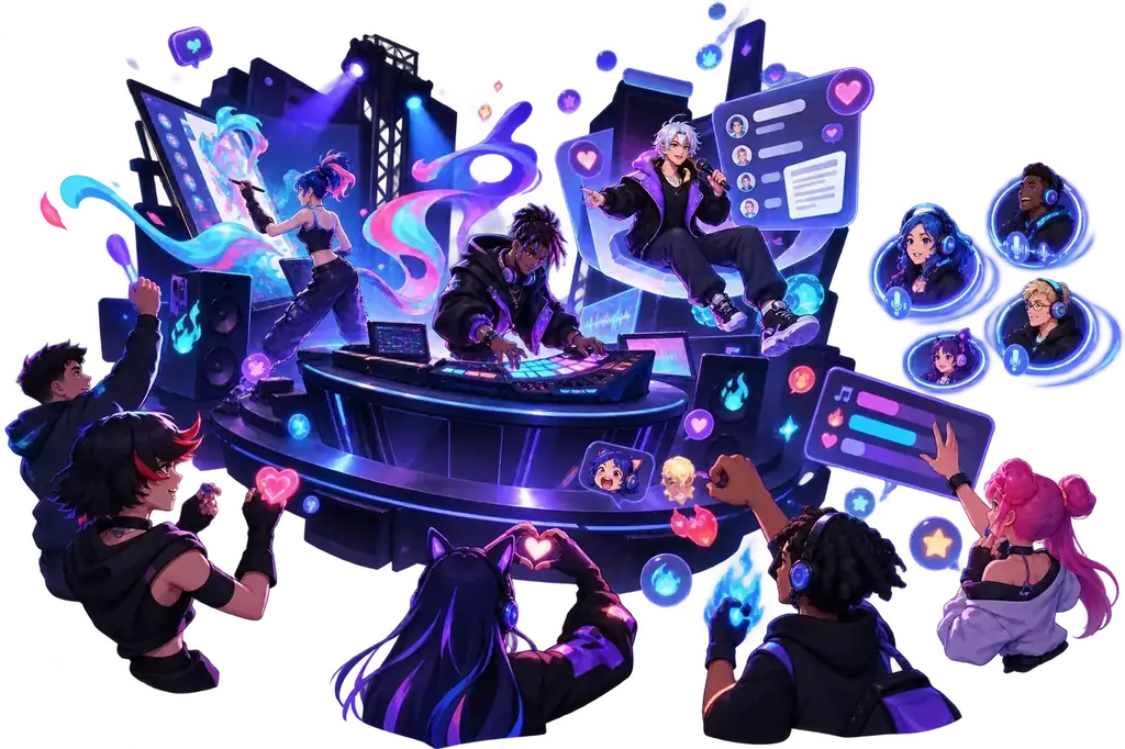 A stylized community event brings artists, musicians, audiences, reactions and live chat together.
