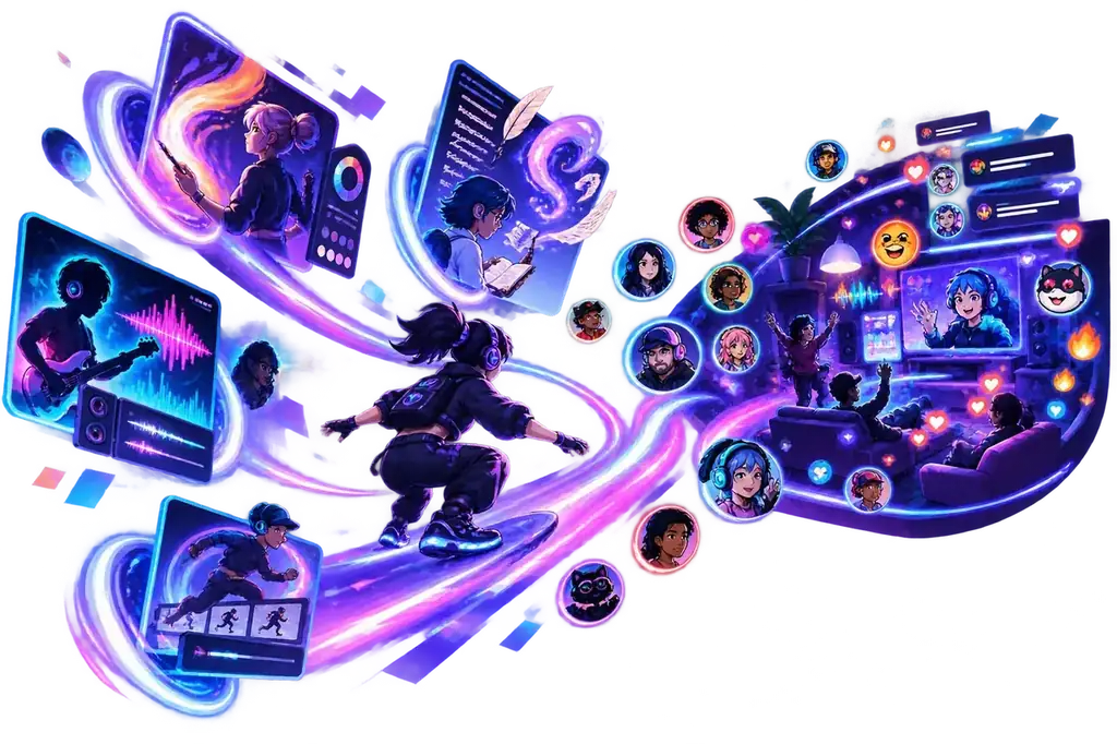 An avatar follows a violet signal through creative worlds and joins a lively community.